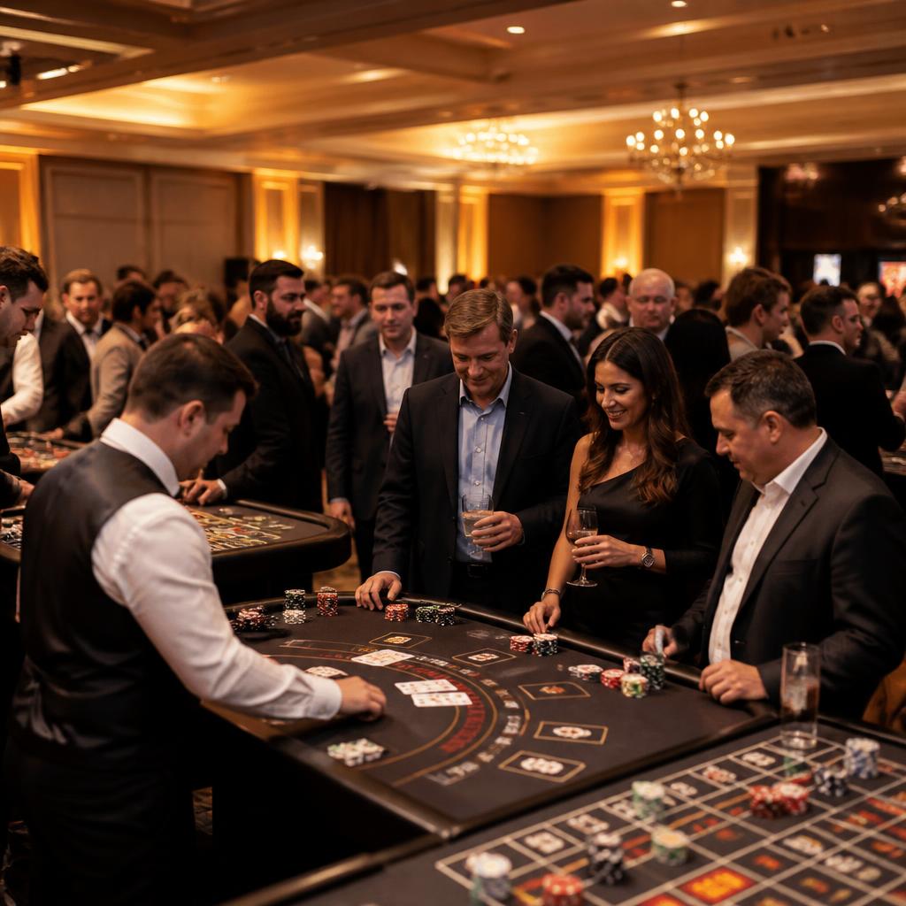 Corporate professionals in business attire laughing around a blackjack table at a company holiday casino night in Rochester NY
