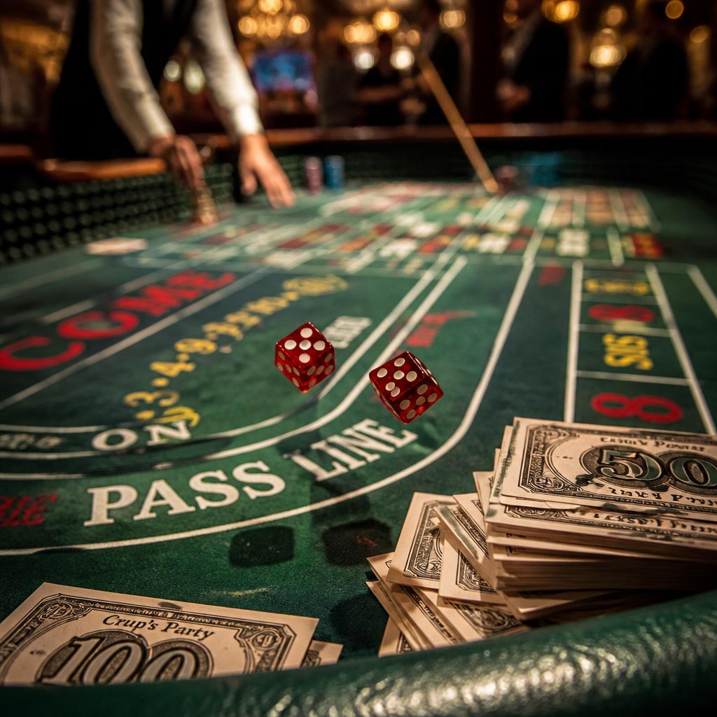 Craps — The Dealers' Modified Version casino table rental on 8'×4' green felt with gold accents — 10–16 players per table, dealer included, available for casino party rentals in Rochester and Upstate New York