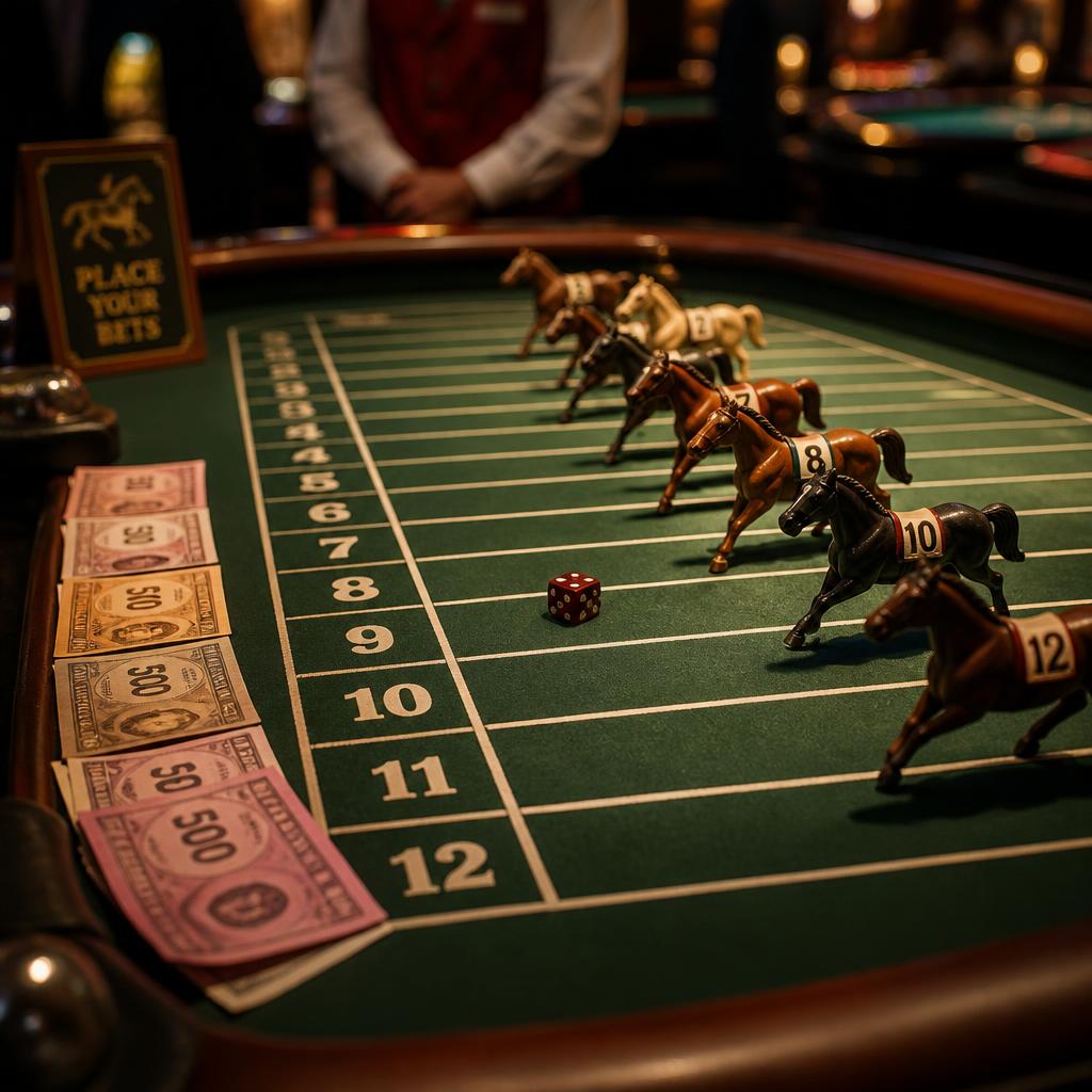 Colorful Horse Race carnival casino table with numbered horses on a felt track at an Upstate NY private party