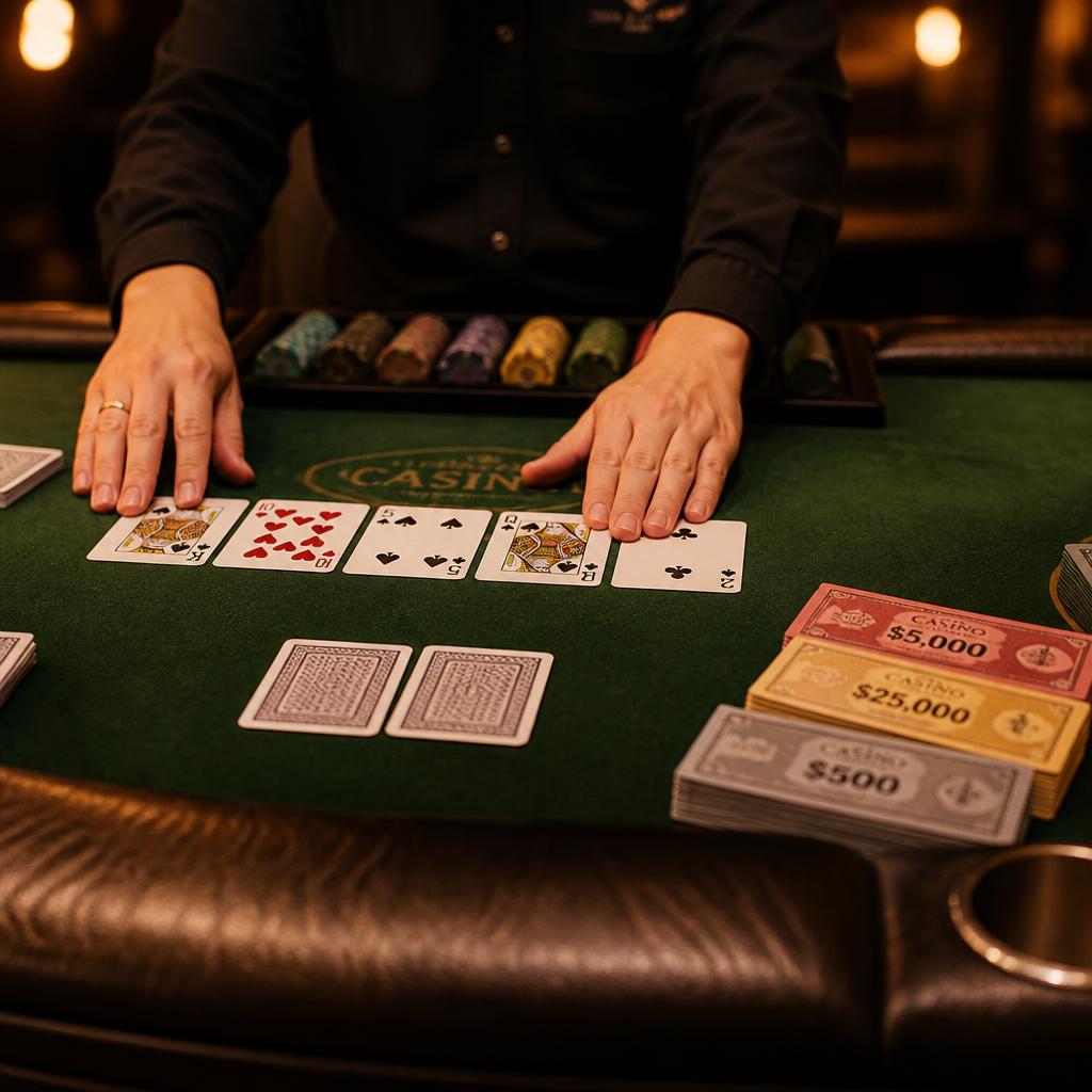Seated Texas Hold'em poker table with padded rail, ten chairs and a stack of chips ready for a corporate tournament in Rochester NY